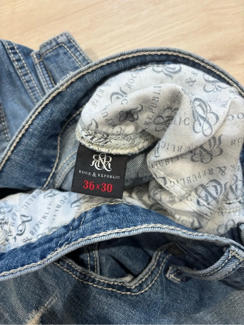 Rock & Republic Light Blue Embroidered R Pocket Neil Mens Size 36x30 Flaws